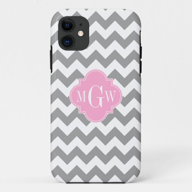 Grauweißes Zickzack rosa Quatrefolie 3 Monogramm Case-Mate iPhone Hülle (Rückseite)