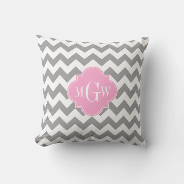 Grauweißes Zickzack rosa Quatrefolie 3 Monogramm Kissen (Vorderseite)