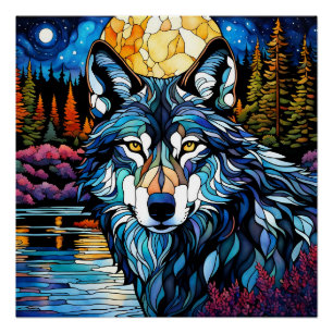 Grauwolf im bewaldeten Buntglas Poster