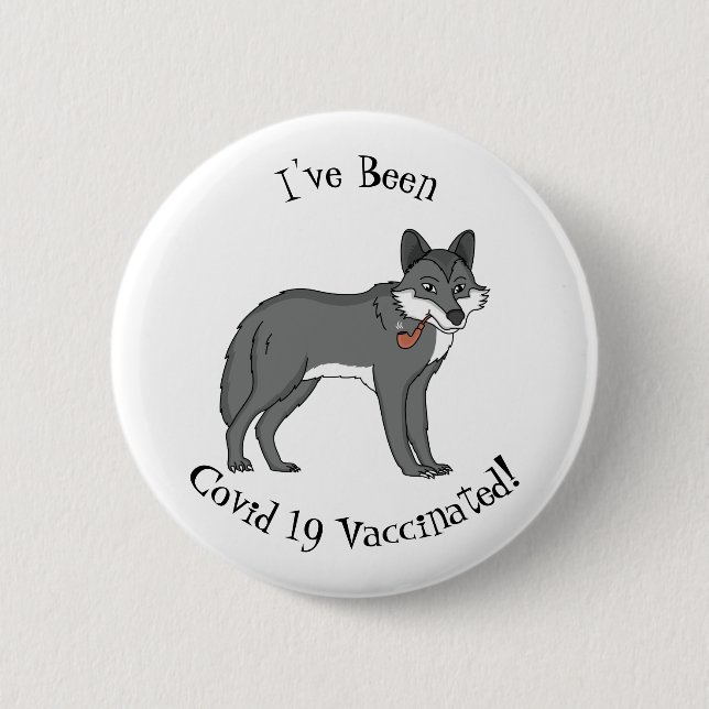 Grauwolf mit Pipe-Cartoon-Abbildung Button (Vorderseite)