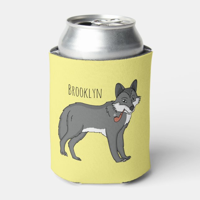 Grauwolf mit Pipe-Cartoon-Abbildung Dosenkühler (Kanne Vorderseite)