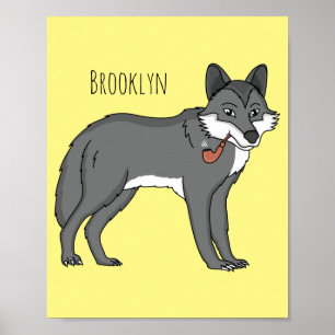 Grauwolf mit Pipe-Cartoon-Abbildung Poster