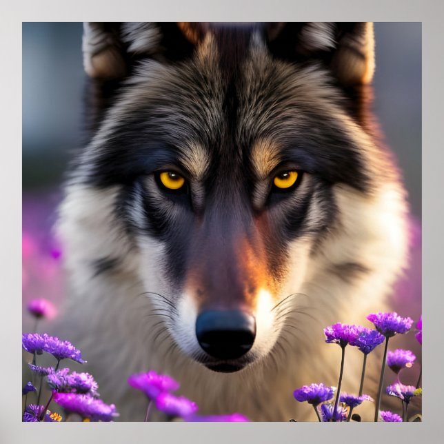 Grauwolf-Stare - rosa und violette Blumen Poster (Vorne)