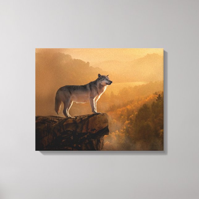 Grauwolf stehend auf einem Felsen im Wald Leinwanddruck (Vorderseite)