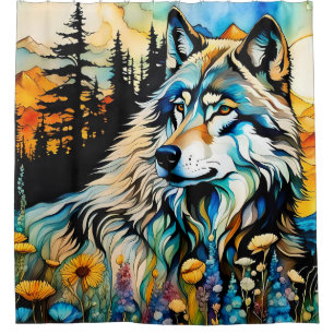 Grauwolf und Wildblumen Duschvorhang