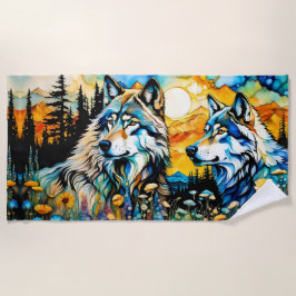 Grauwolf und Wildblumen Strandtuch