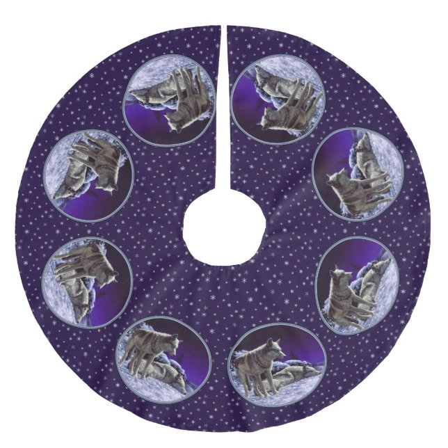 Grauwölfe im Winterschnee in der Nacht Polyester Weihnachtsbaumdecke (Vorderseite)