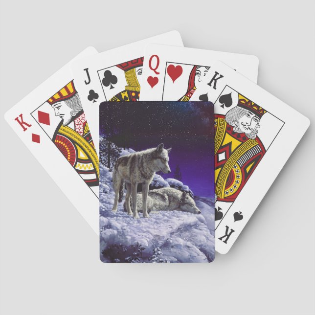 Grauwölfe im Winterschnee in der Nacht Spielkarten (Rückseite)