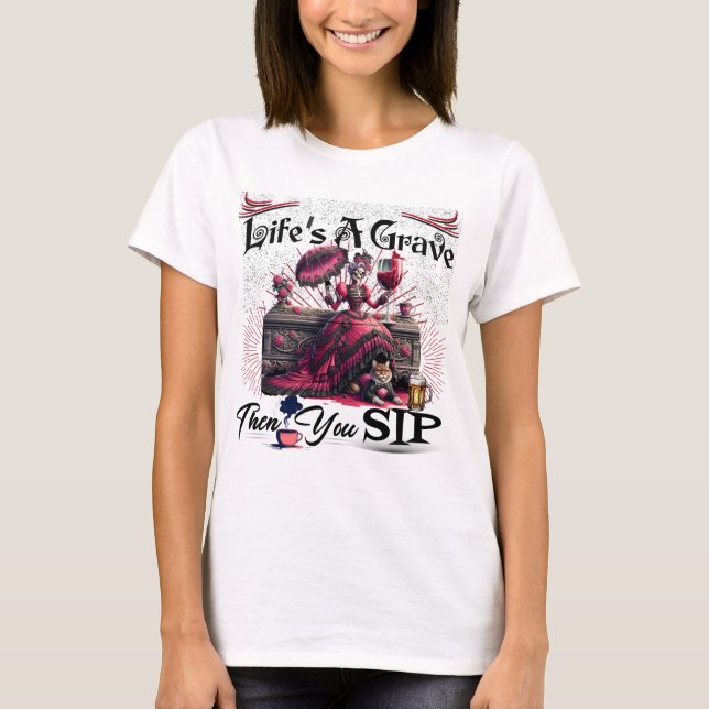 Grave Skeleton Drink Cat Kaffee T-Shirt (Vorderseite)