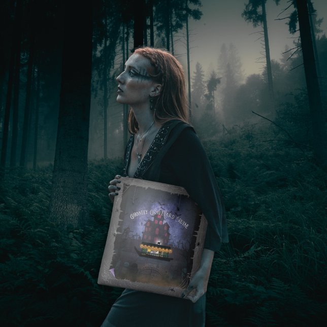 Graveyard Cruise Tote Tag (A woman holds a Ghostly Graveyard Cruise Tote Bag in the forest.)