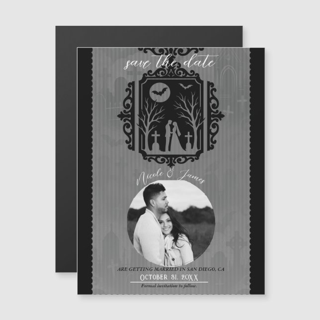 Graveyard Vows Black & Gray Gothic Save the Date Magnetkarte (Vorne/Hinten)