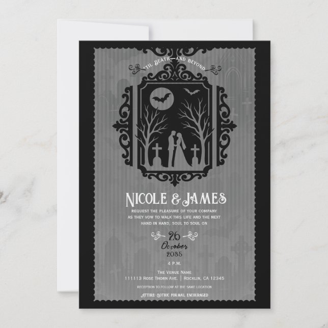 Graveyard Vows Black & Gray Gothic Wedding Einladung (Vorderseite)