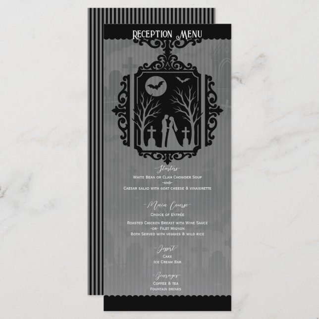 Graveyard Vows Black & Gray Gothic Wedding Menu Menükarte (Vorne/Hinten)