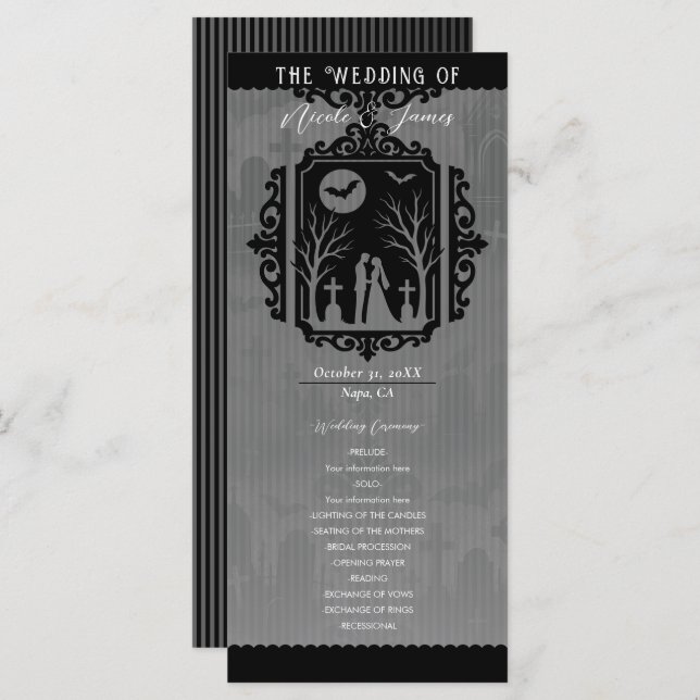 Graveyard Vows Black & Gray Gothic Wedding Program Menükarte (Vorne/Hinten)