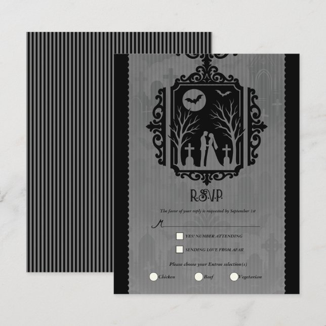 Graveyard Vows Black & Gray Gothic Wedding RSVP Einladung (Vorne/Hinten)