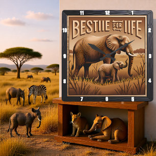 Gravierter Elefant Mutter Baby hohes Gras Quadratische Wanduhr