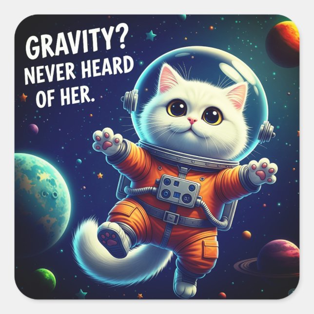 Gravity? Never Heard of Her. Cute Space Cat Quadratischer Aufkleber (Vorderseite)