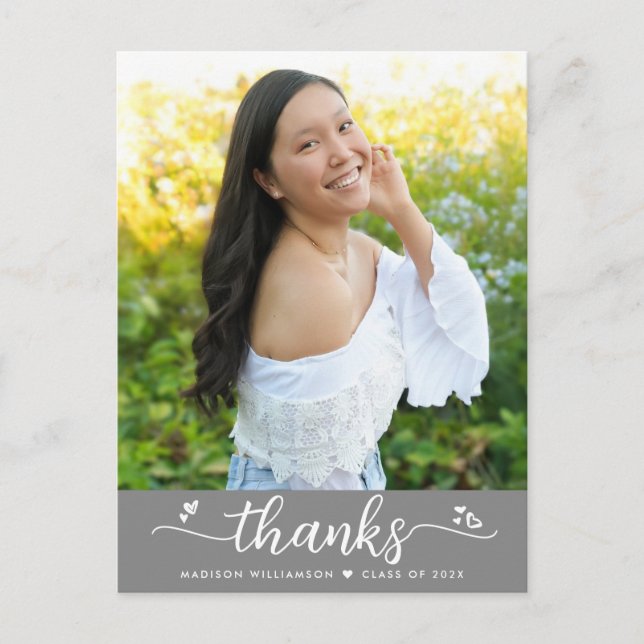 Gray Abschluss Foto Chic Script Herzen Vielen Dank Postkarte (Vorderseite)