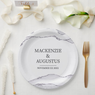 Gray Agate Silver Glitzer Braut und Groom Wedding Pappteller