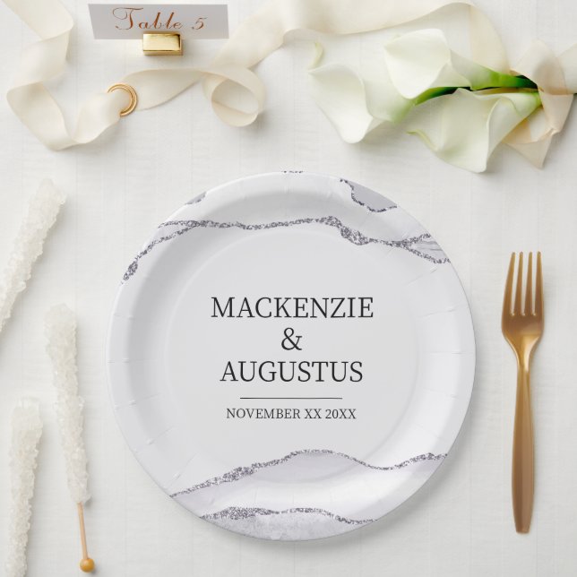 Gray Agate Silver Glitzer Braut und Groom Wedding Pappteller (Hochzeit)