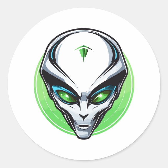 Gray Alien Portrait Head Green Background UFO Runder Aufkleber (Vorderseite)