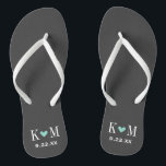 Gray and Aqua Modern Wedding Monogram Flip Flops<br><div class="desc">Maßgeschneiderte gedreht Flop-Sandalen personalisiert mit einem niedlichen Herz und Ihre Monogramm-Initialen und Hochzeitstermin. Klicken Sie auf Anpassen,  um Schriftart und Farben zu ändern oder eigene Bilder hinzuzufügen,  um ein einzigartiges Design zu erstellen!</div>