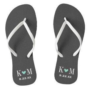 Gray and Aqua Modern Wedding Monogram Flip Flops