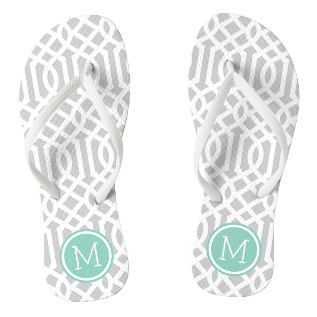 Gray and Aqua Trellis Monogram Flip Flops (Fußbett)
