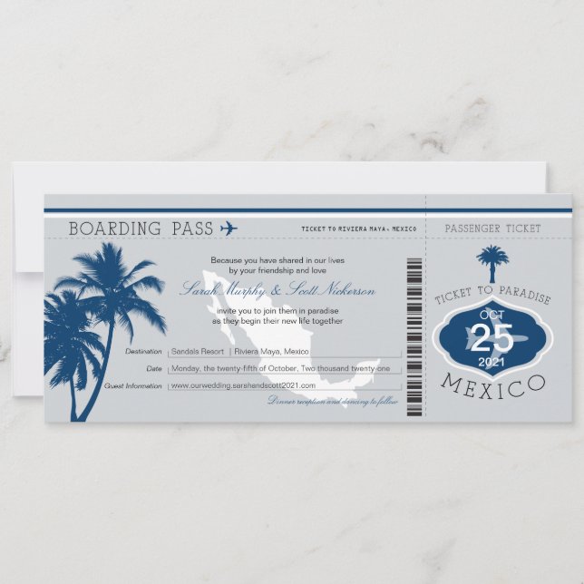 Gray and Navy Blue Mexico Boarding Pass Hochzeit Einladung (Vorderseite)