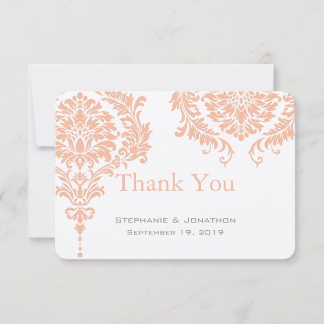Gray and Peach Coral Damask Wedding Vielen Dank Dankeskarte (Vorderseite)