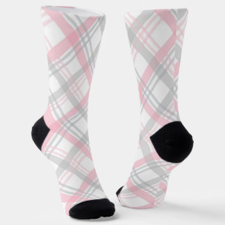 Gray and Pink Plaid Crew Socks Socken