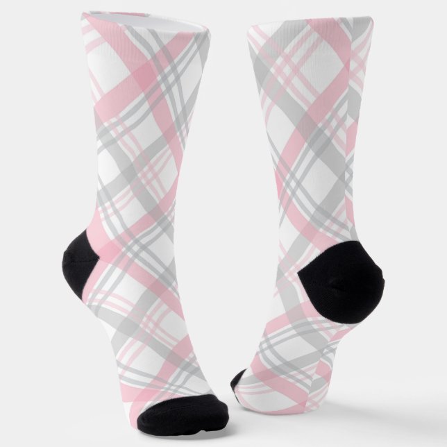 Gray and Pink Plaid Crew Socks Socken (Gewinkelt)