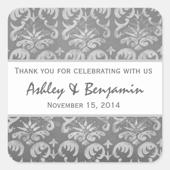Gray and White Damask Wedding Danke S006 Quadratischer Aufkleber (Vorderseite)