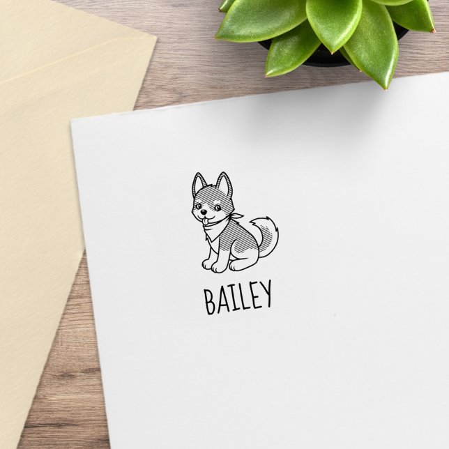 Gray and White Husky Puppy Dog Custom Name 1x1 Gummistempel (Von Creator hochgeladen)