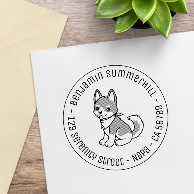 Gray and White Husky Puppy Dog Round Address Gummistempel (Von Creator hochgeladen)