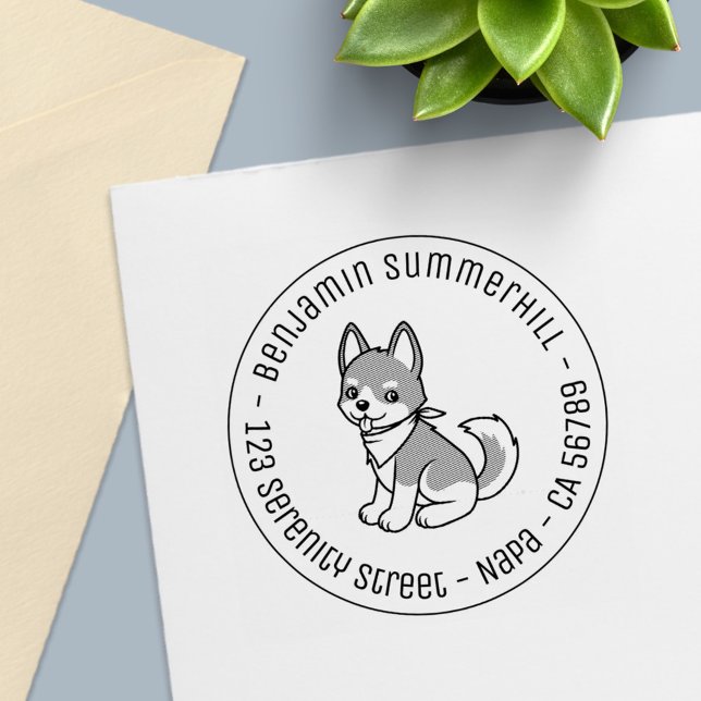 Gray and White Husky Puppy Dog Round Address Permastempel (Von Creator hochgeladen)