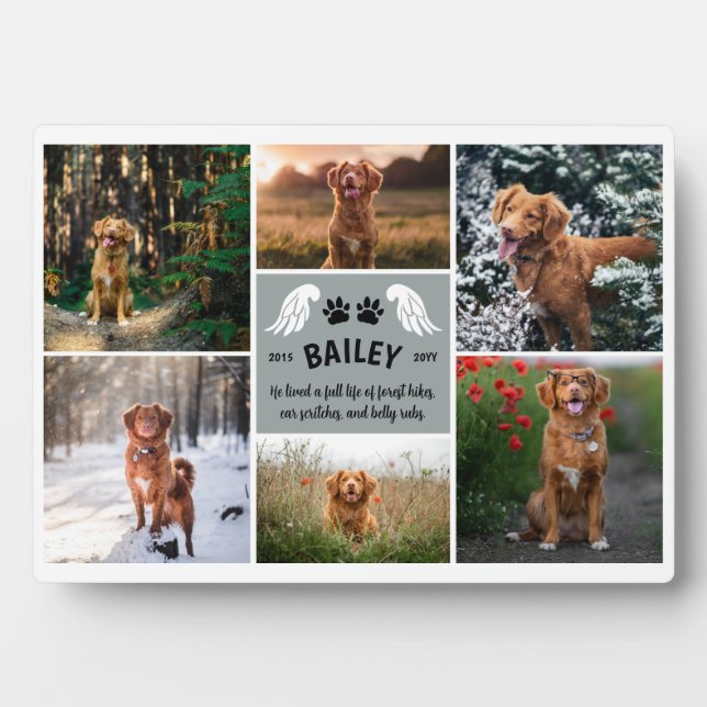 Gray Angel Wings & Dog Paws Memorial Foto Collage Fotoplatte (Vorderseite)