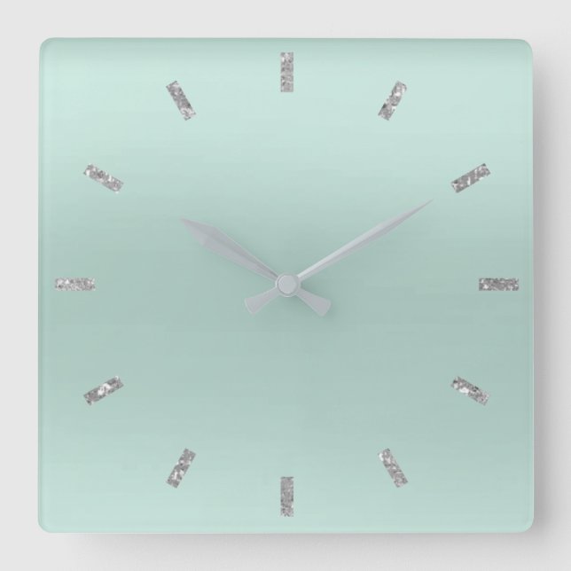 Gray Aqua Blue Ombre Minimaler Glitzer Quadratische Wanduhr (Vorderseite)