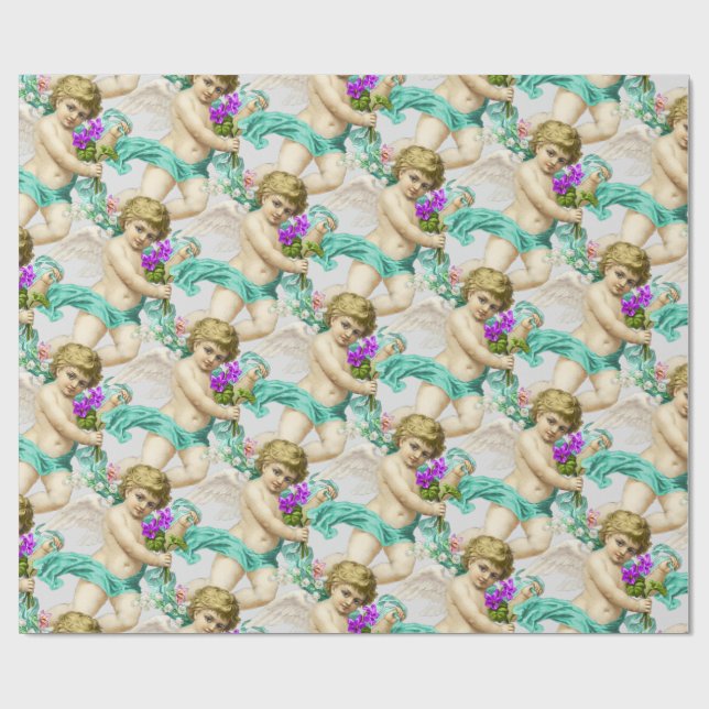 Gray Aqua Cherubs Wrapping Paper Geschenkpapier (Flach)