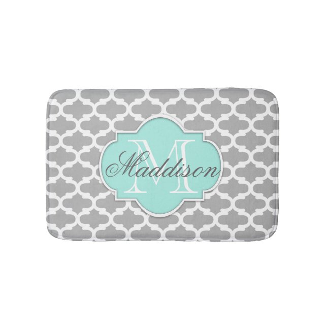 Gray Aqua Elegante Muster Monogram Badematte (Vorderseite)