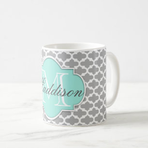 Gray Aqua Elegante Muster Monogram Kaffeetasse