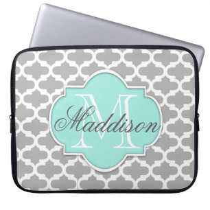Gray Aqua Elegante Muster Monogram Laptopschutzhülle