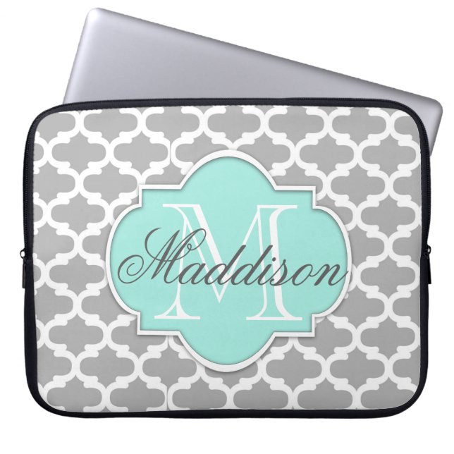 Gray Aqua Elegante Muster Monogram Laptopschutzhülle (Vorderseite)