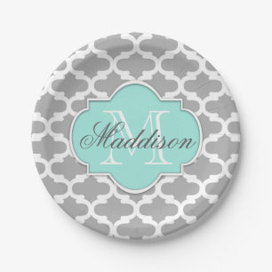 Gray Aqua Elegante Muster Monogram Pappteller