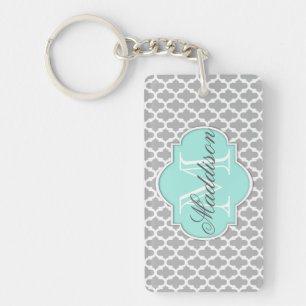 Gray Aqua Elegante Muster Monogram Schlüsselanhänger