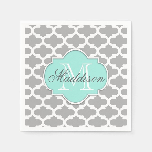 Gray Aqua Elegante Muster Monogram Serviette (Vorderseite)