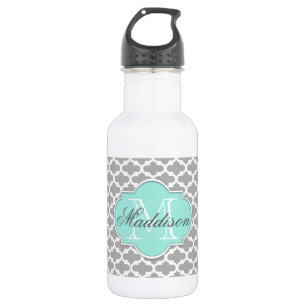 Gray Aqua Elegante Muster Monogram Trinkflasche