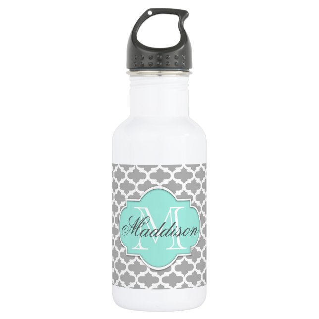 Gray Aqua Elegante Muster Monogram Trinkflasche (Vorderseite)