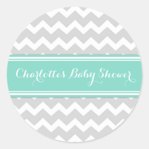 Gray Aqua Zickzack Baby Shower Pflegeaufkleber Runder Aufkleber