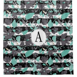 Gray Aquamarin Floral Stripe Monogrammatisches Mus Duschvorhang